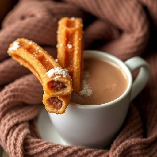 Churros con chocolate caliente, servidos en una taza y plato respectivamente.