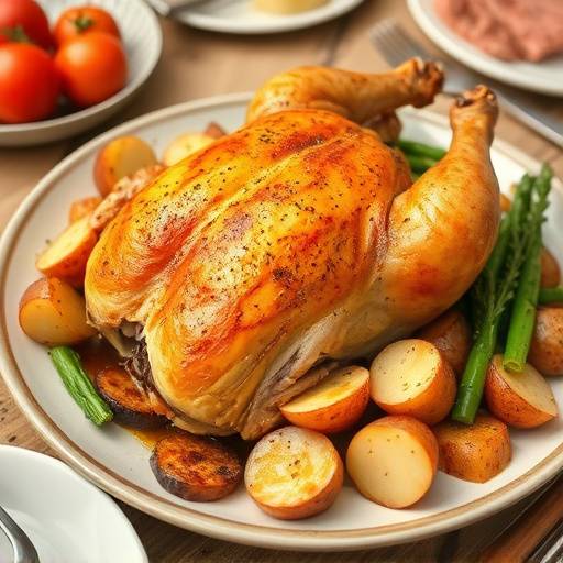 Fuente de pollo al horno con patatas y verduras, lista para servir