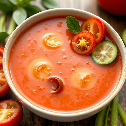Gazpacho andaluz servido en un cuenco, con guarnici&radic;&ge;n de pepino picado, tomate y pimiento.