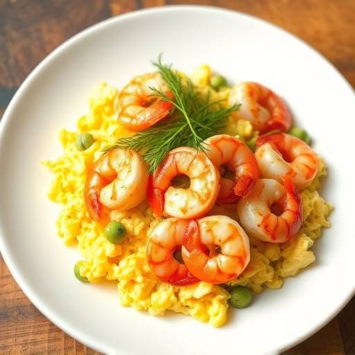 Imagen de un revuelto de ajetes con gambas servido en un plato blanco