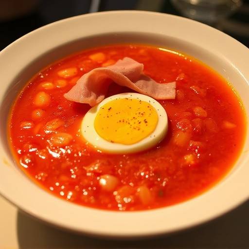 Imagen de un salmorejo cordob칠s adornado con huevo duro y jam칩n