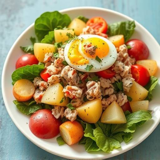 Imagen de una ensalada campera con patatas, at칲n y huevo