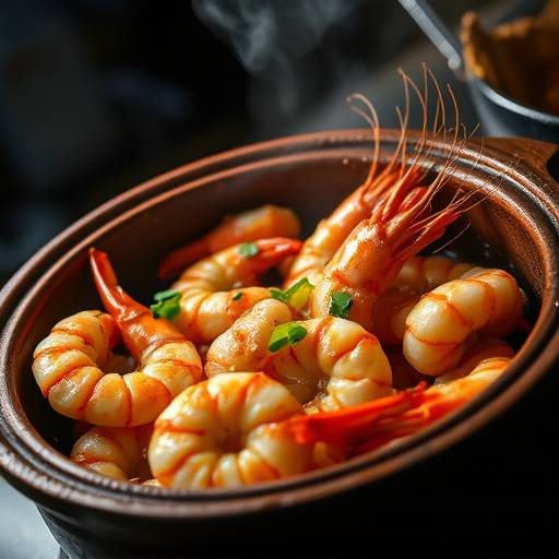 Imagen de unas gambas al ajillo servidas en una cazuela de barro