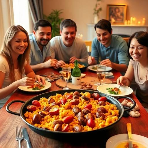 Paella familiar servida en una mesa con una familia sonriendo
