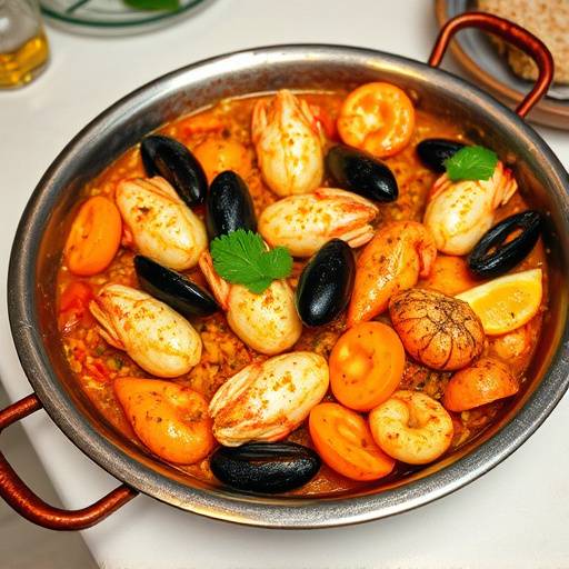 Paella r치pida de mariscos servida en una paellera brillante
