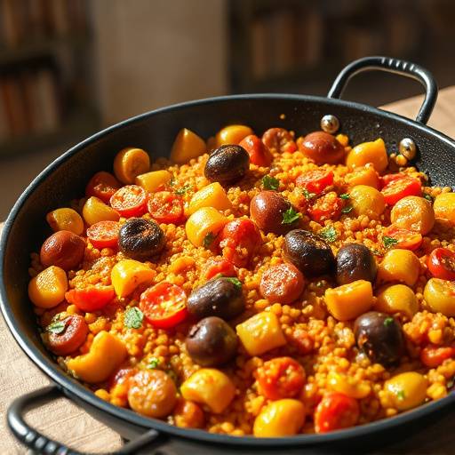 Paella valenciana servida en una paellera tradicional