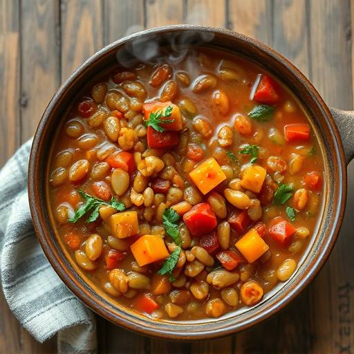 Plato de lentejas estofadas humeantes, con chorizo y verduras