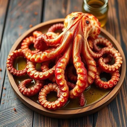 Pulpo a la Gallega servido en un plato de madera, rociado con aceite de oliva y piment&radic;&ge;n.