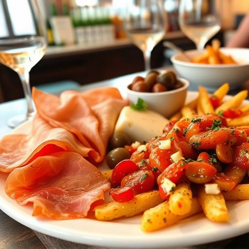 Tapas variadas en una barra de bar, incluyendo jam&radic;&ge;n serrano, aceitunas, queso manchego y patatas bravas.