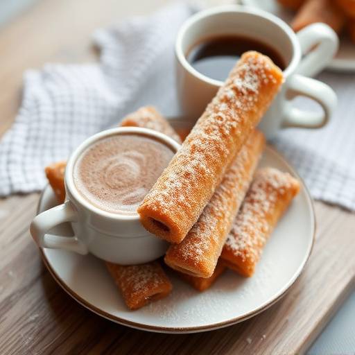 Un plato de churros con chocolate caliente
