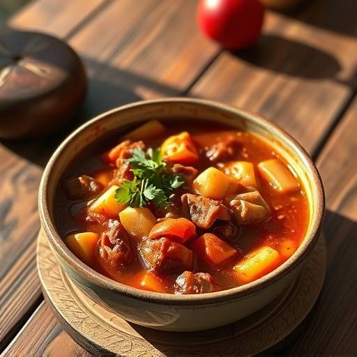 Un plato de cocido madrile&radic;&plusmn;o con garbanzos, carne, verduras y sopa servido en una mesa de madera.