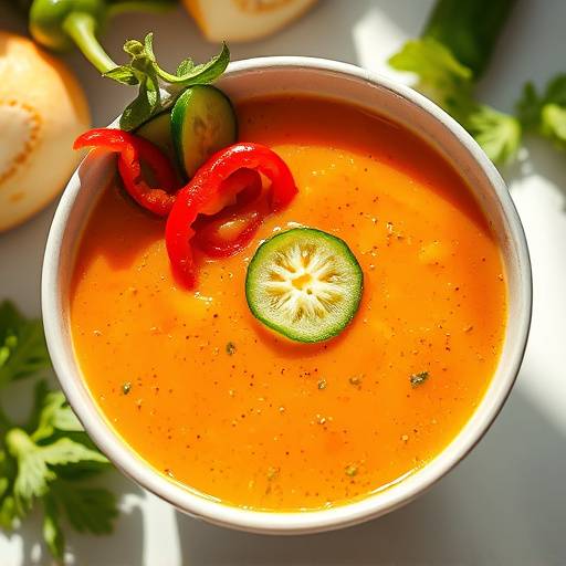 Un vaso de gazpacho andaluz servido fr&radic;&ne;o con guarniciones de pepino, pimiento y cebolla picados.