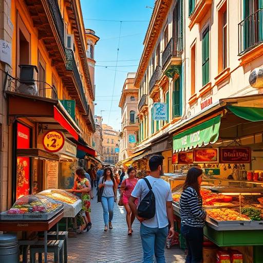 Una colorida vista de un mercado callejero espa&radic;&plusmn;ol lleno de puestos de comida