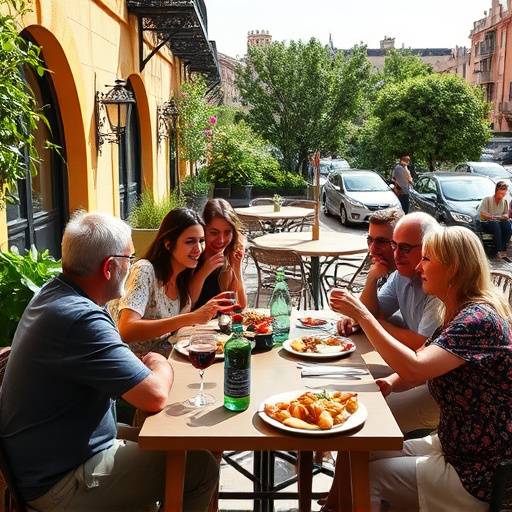 Una familia disfrutando de tapas en una terraza de un bar en Sevilla