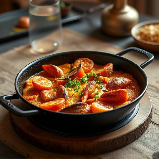 Una paella valenciana tradicional servida en una paellera sobre una mesa r&radic;&ordm;stica.